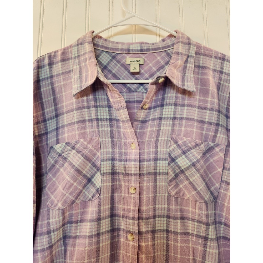 LL Bean Women XL Purple Lavender Plaid Flannel Button Down Shirt Casual Outdoor - Picture 5 of 13